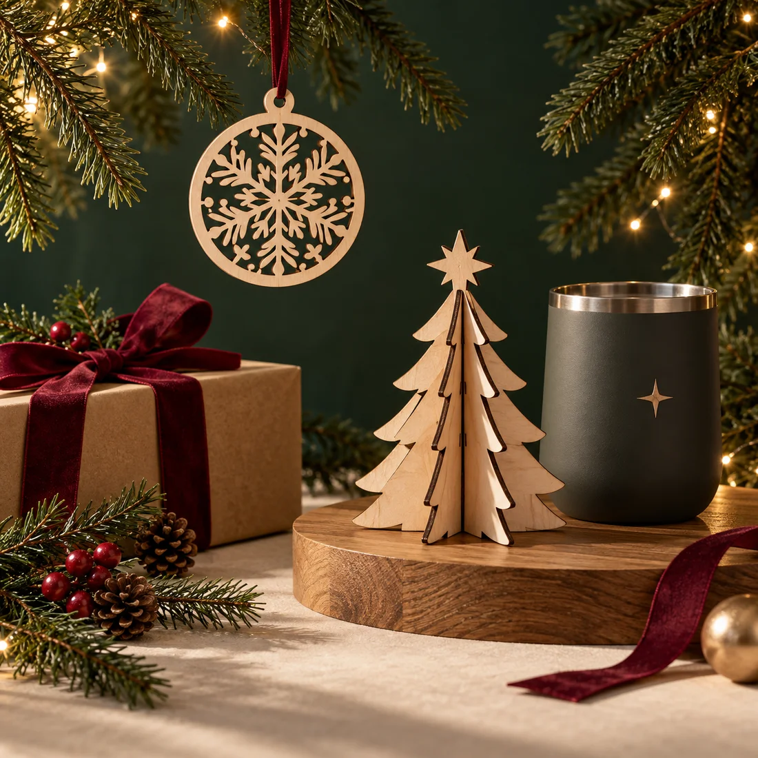 Concepto de esfera calada, árbol de madera y regalo con cinta junto a ramas de pino.